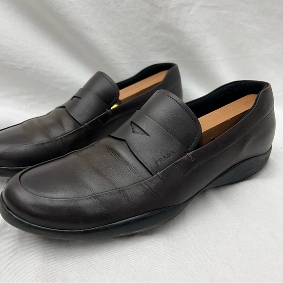 Authentic PRADA Driving Penny Loafers US Size 11 Brown Leather Rubber Soles - Picture 2 of 14